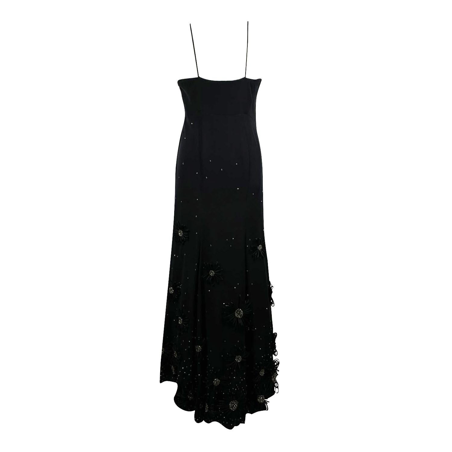 Valentino Black Evening Gown Maxi Dress with Flower Applique Size S In Good Condition In Rome, Rome