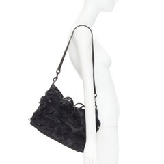 VALENTINO black fabric mesh floral lace applique leather trim crossbody tote bag