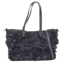 VALENTINO black fabric mesh floral lace applique leather trim crossbody tote bag