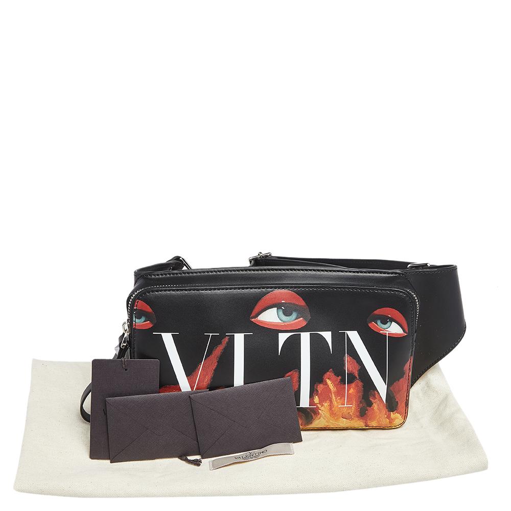 Valentino Black Flame Printed Leather VLTN Belt Bag 7