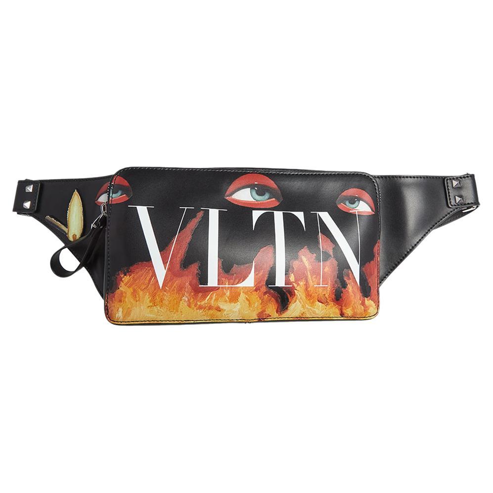 Valentino Black Flame Printed Leather VLTN Belt Bag
