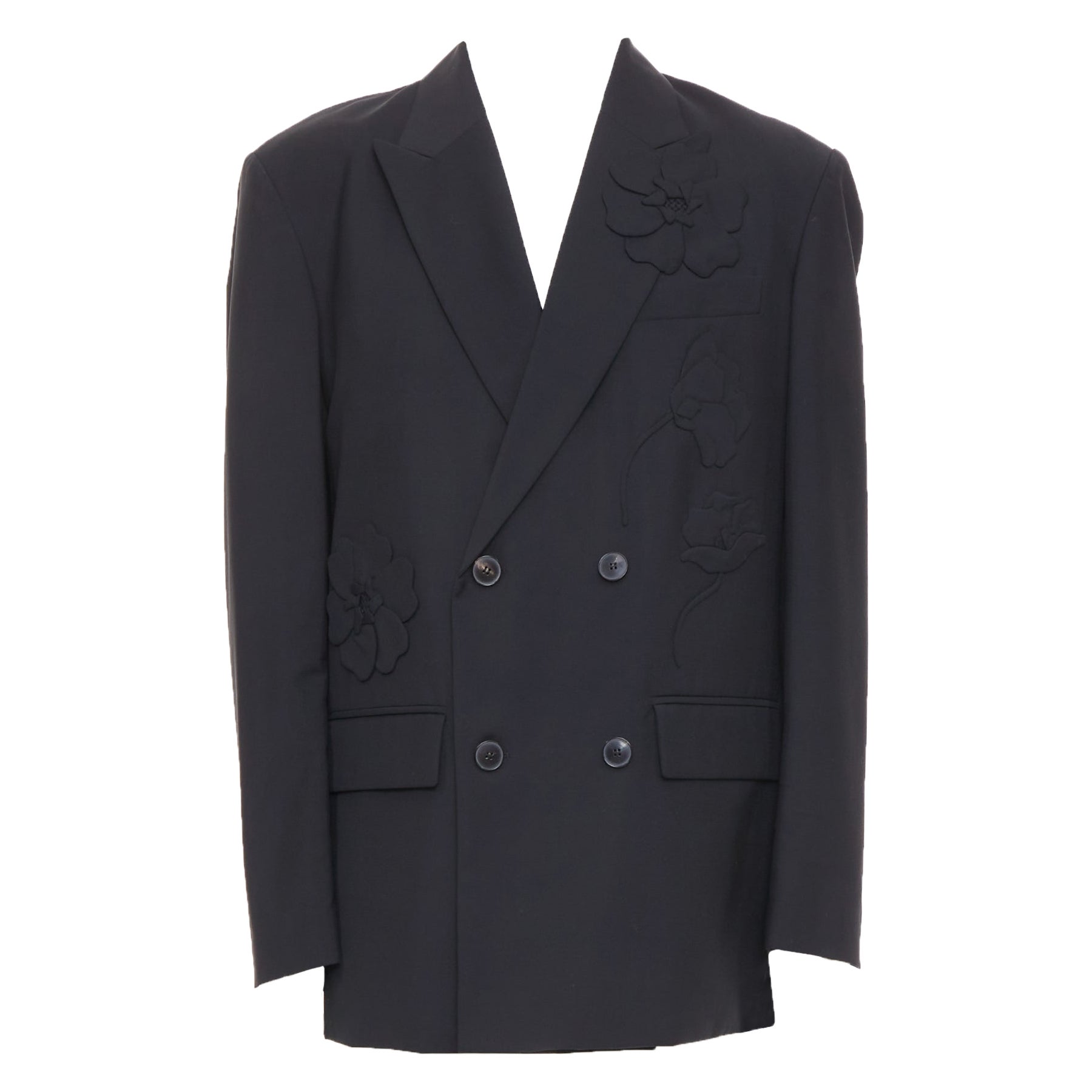 VALENTINO black floral applique double breasted virgin wool blazer