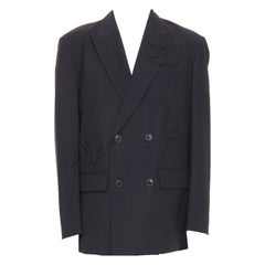 VALENTINO black floral applique double breasted virgin wool blazer jacket IT46 S