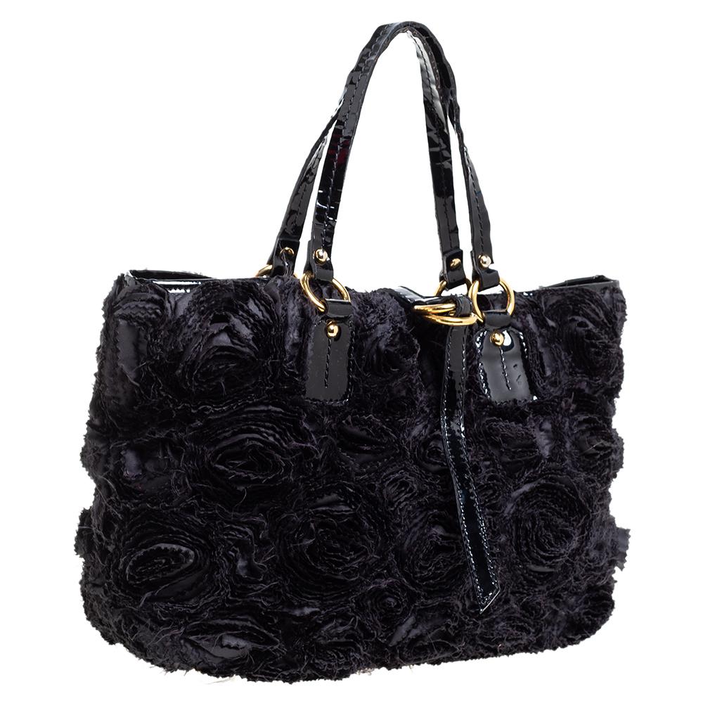 Women's Valentino Black Floral Applique Satin and Patent Leather Shopper Tote