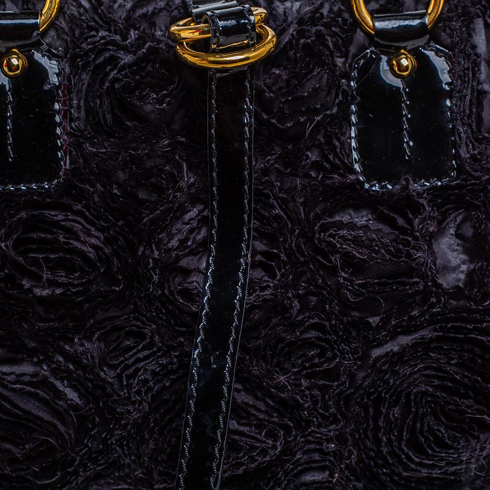 Valentino Black Floral Applique Satin and Patent Leather Shopper Tote 2