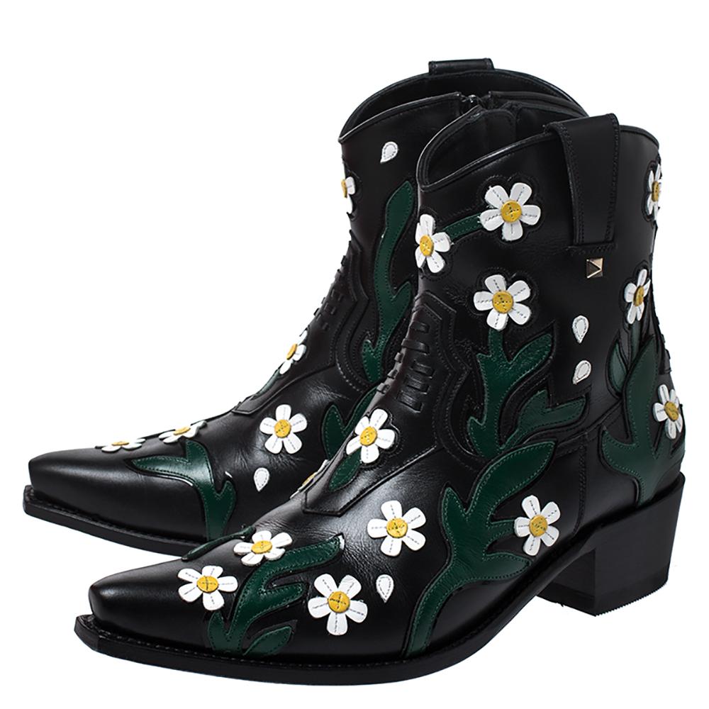 Valentino Schwarz Floral bestickt Leder Spitze Zehe Cowboy Stiefel Größe 39 Damen