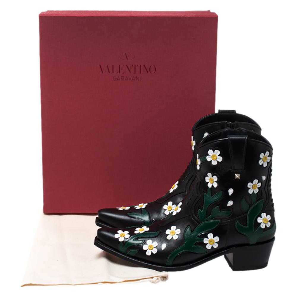 Valentino Black Floral Embroidered Leather Pointed Toe Cowboy Boots Size 39 1
