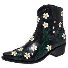 Valentino Schwarz Floral bestickt Leder Spitze Zehe Cowboy Stiefel Größe 39