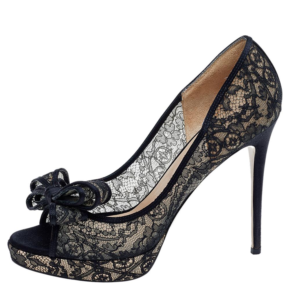 Women's Valentino Black Floral Lace Bow Lace Peep Toe Platform Pumps Size 40 For Sale