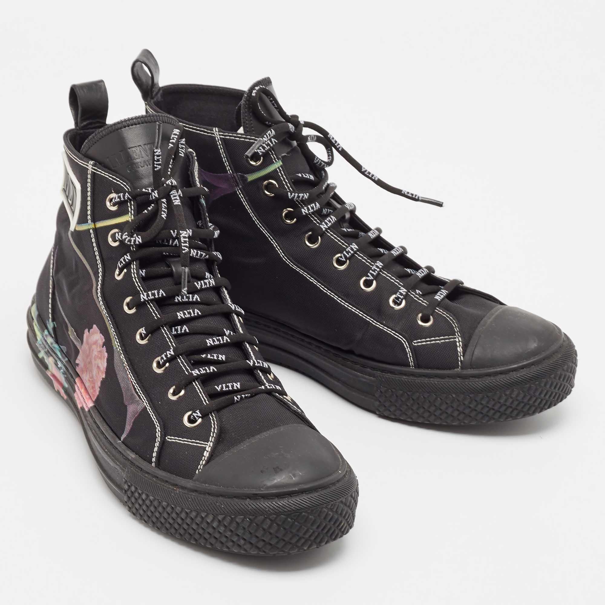 Men's Valentino Black Floral Print Canvas VLTN High Top Sneakers Size 43