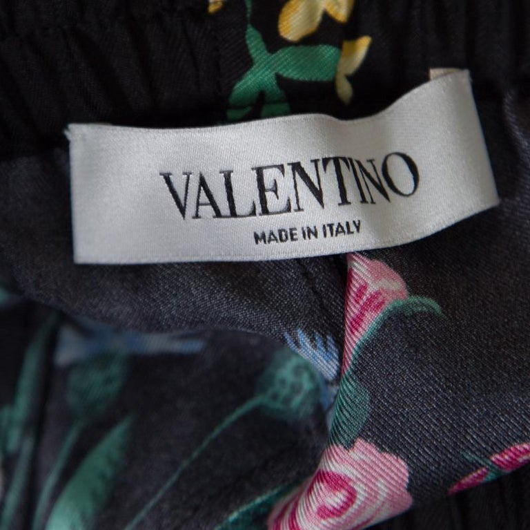 Valentino Black Floral Printed Silk Drawstring Detail Pyjama Pants L ...