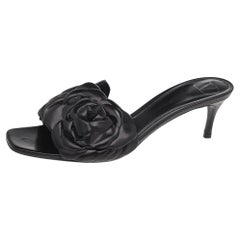Valentino Black Flower Detail Leather Slide Sandals Size 38.5