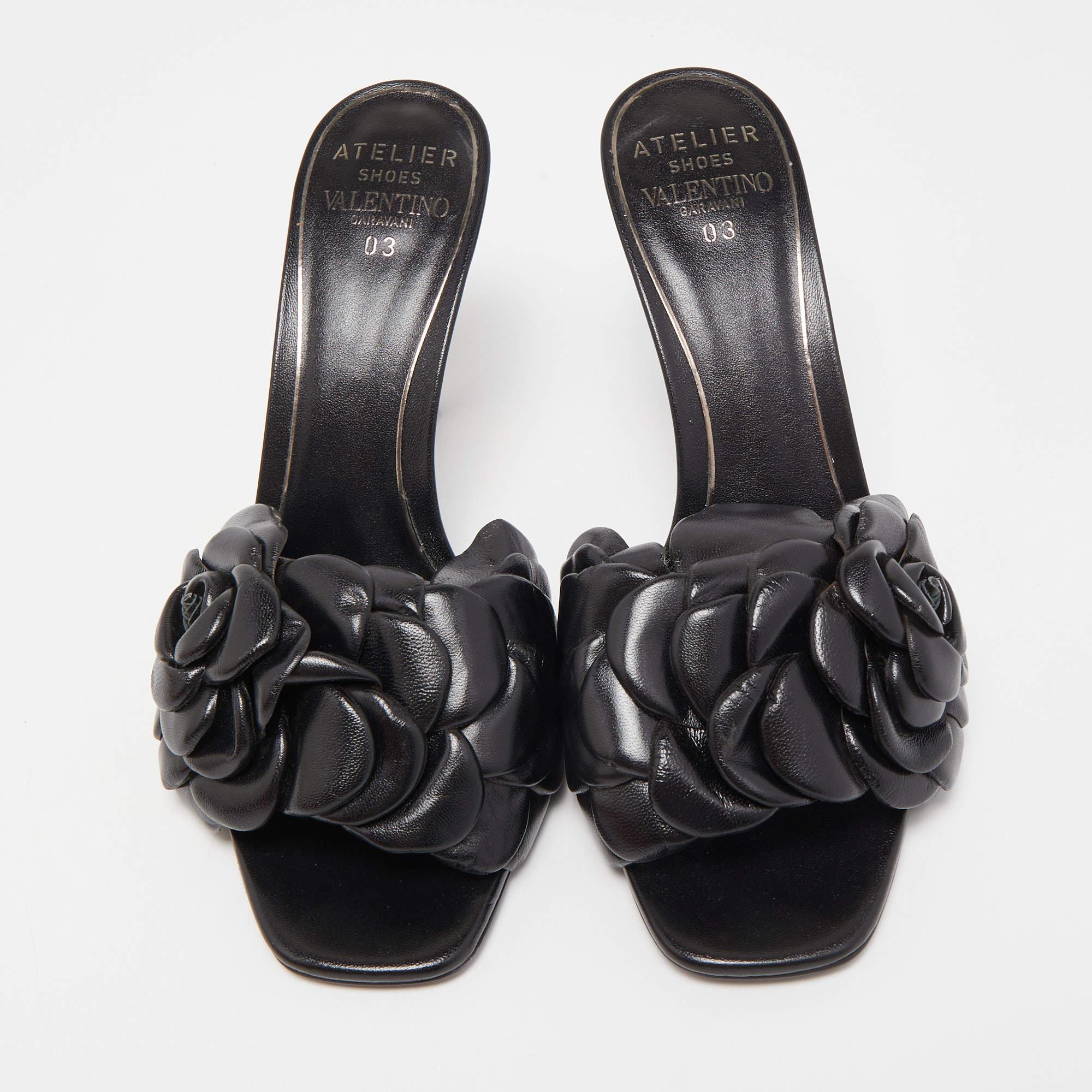 Valentino Black Flower Detail Leather Slide Sandals Size 39 1