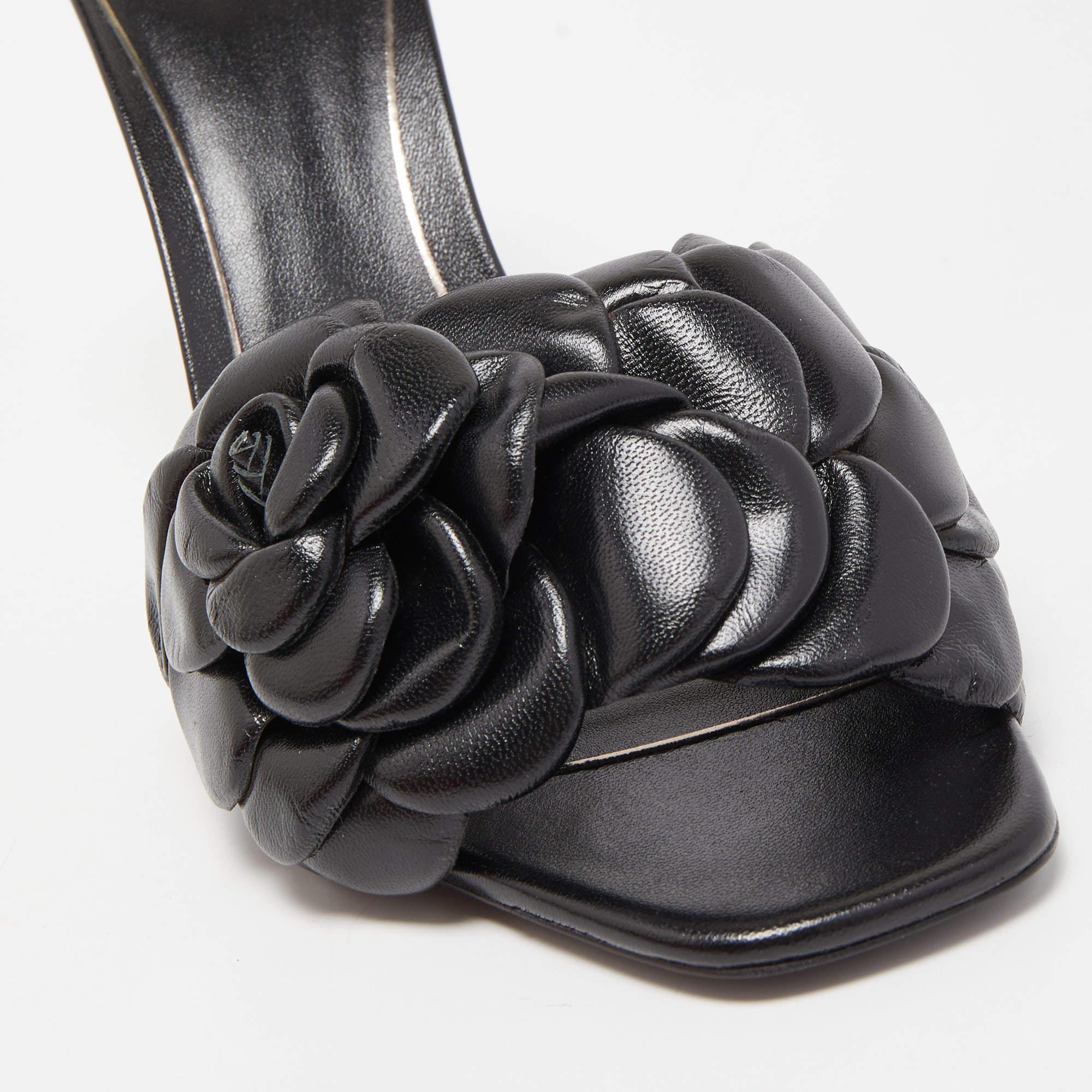Valentino Black Flower Detail Leather Slide Sandals Size 39 2