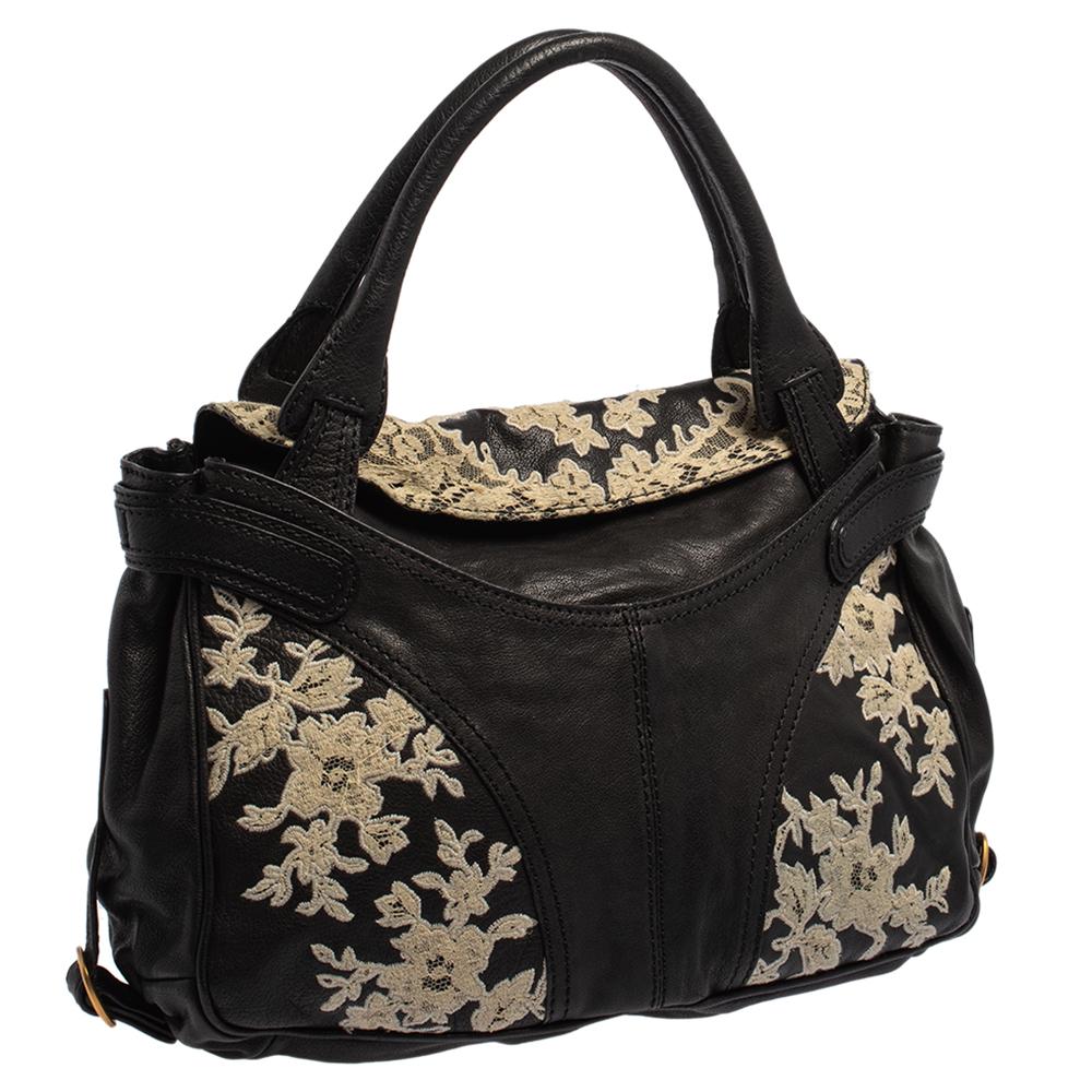 Women's Valentino Black Flower Lace Embroidered Leather Tote