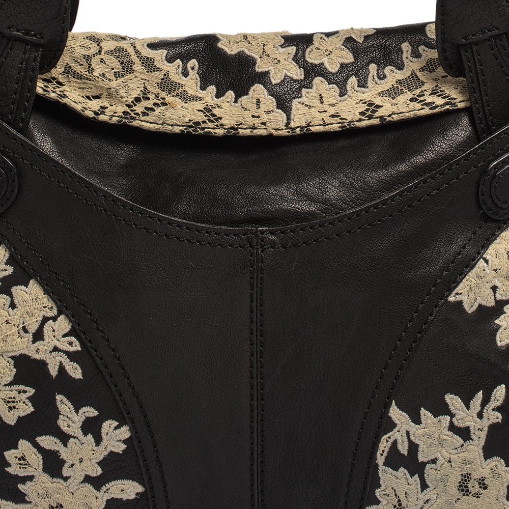 Women's Valentino Black Flower Lace Embroidered Leather Tote
