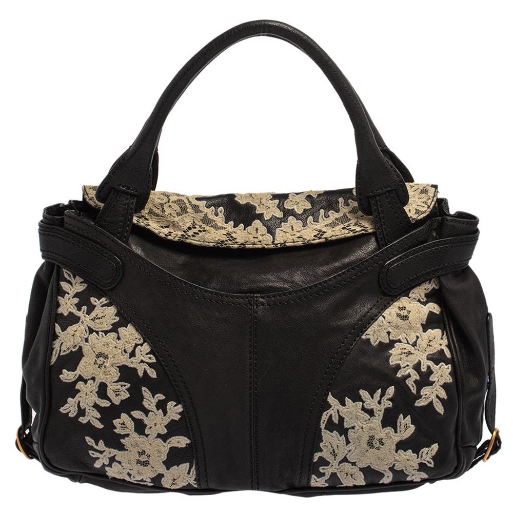 Valentino Black Flower Lace Embroidered Leather Tote