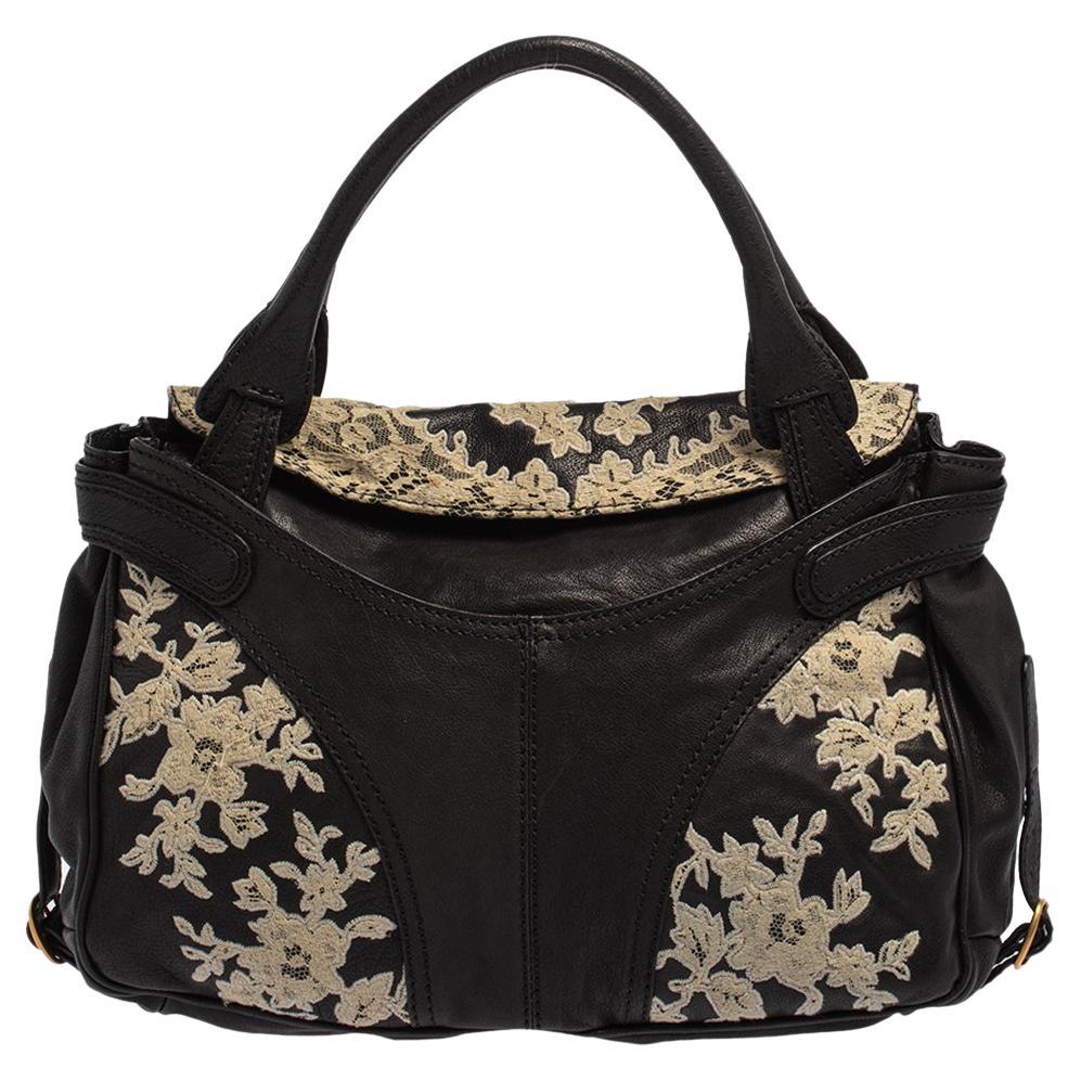 Valentino Black Flower Lace Embroidered Leather Tote