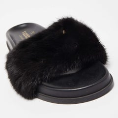 Valentino Black Fur Rockstud Flat Slides