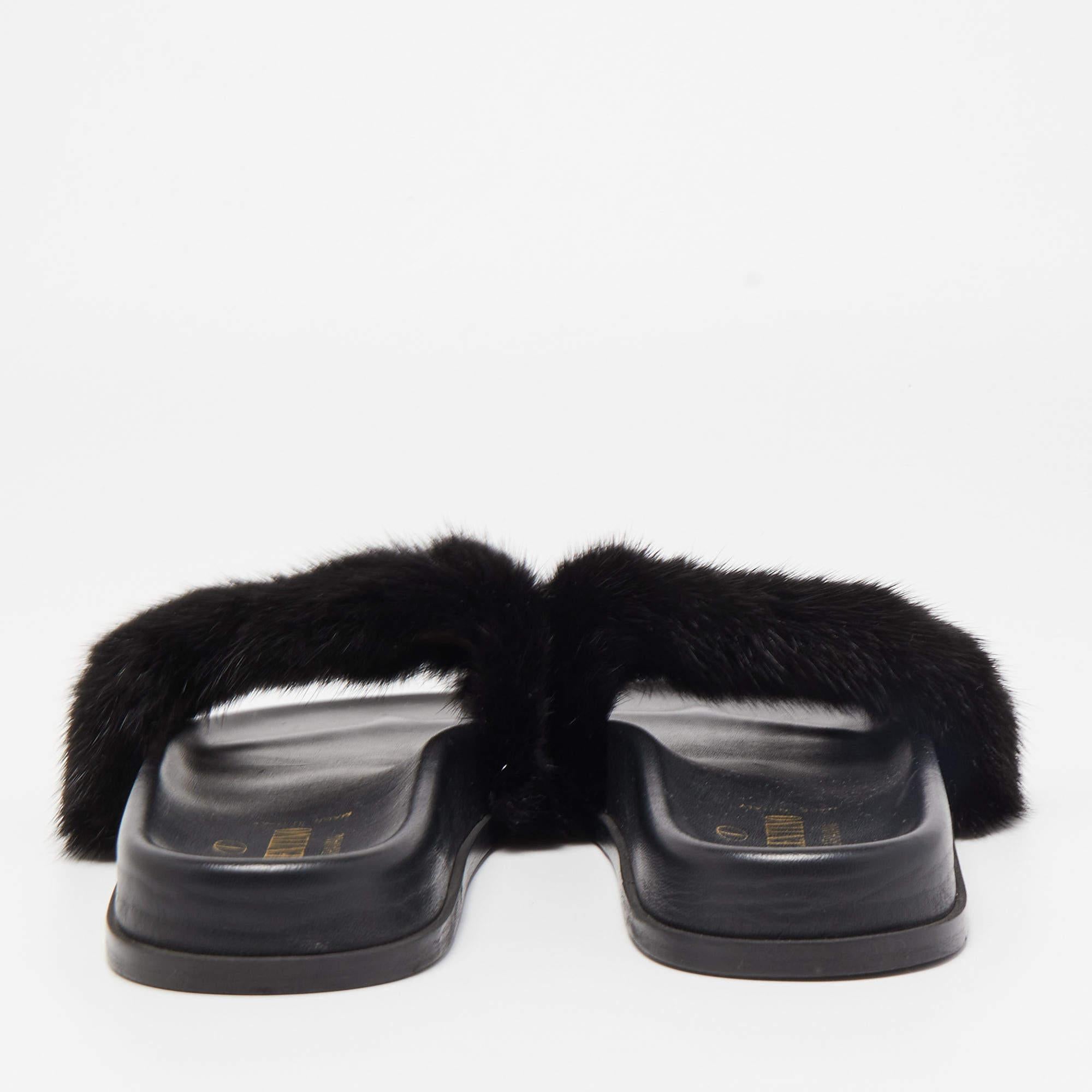 Women's Valentino Black Fur Rockstud Flat Slides 