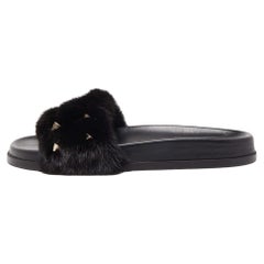 Valentino Black Fur Rockstud Flat Slides