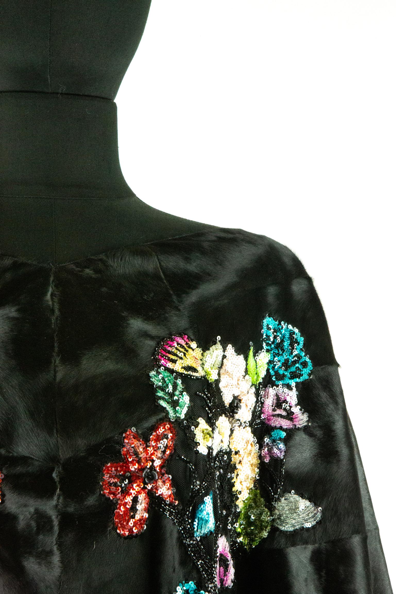 Valentino Black Broadtail Fur Shawl with Beaded Embroidery For Sale 2