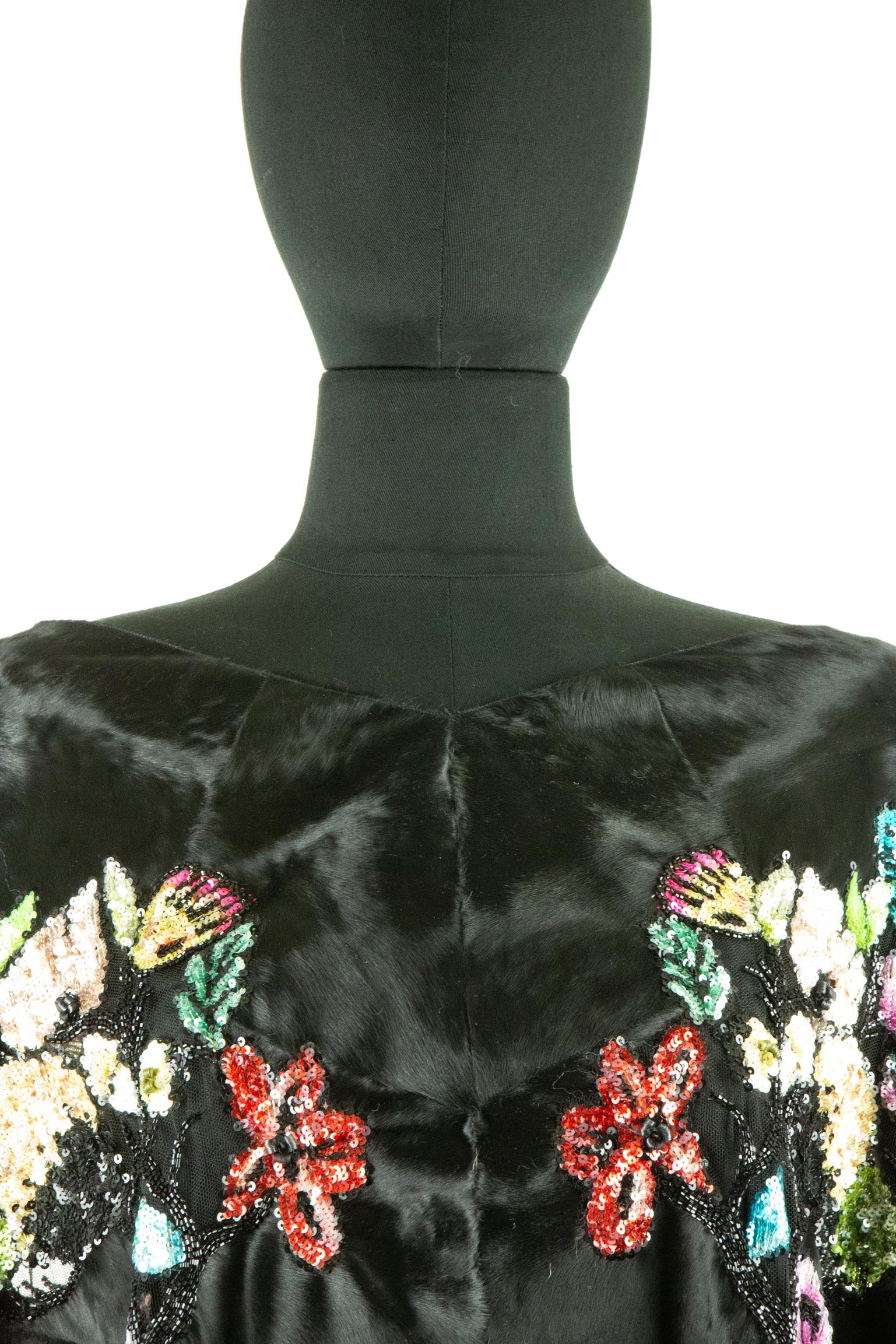 Valentino Black Broadtail Fur Shawl with Beaded Embroidery For Sale 3