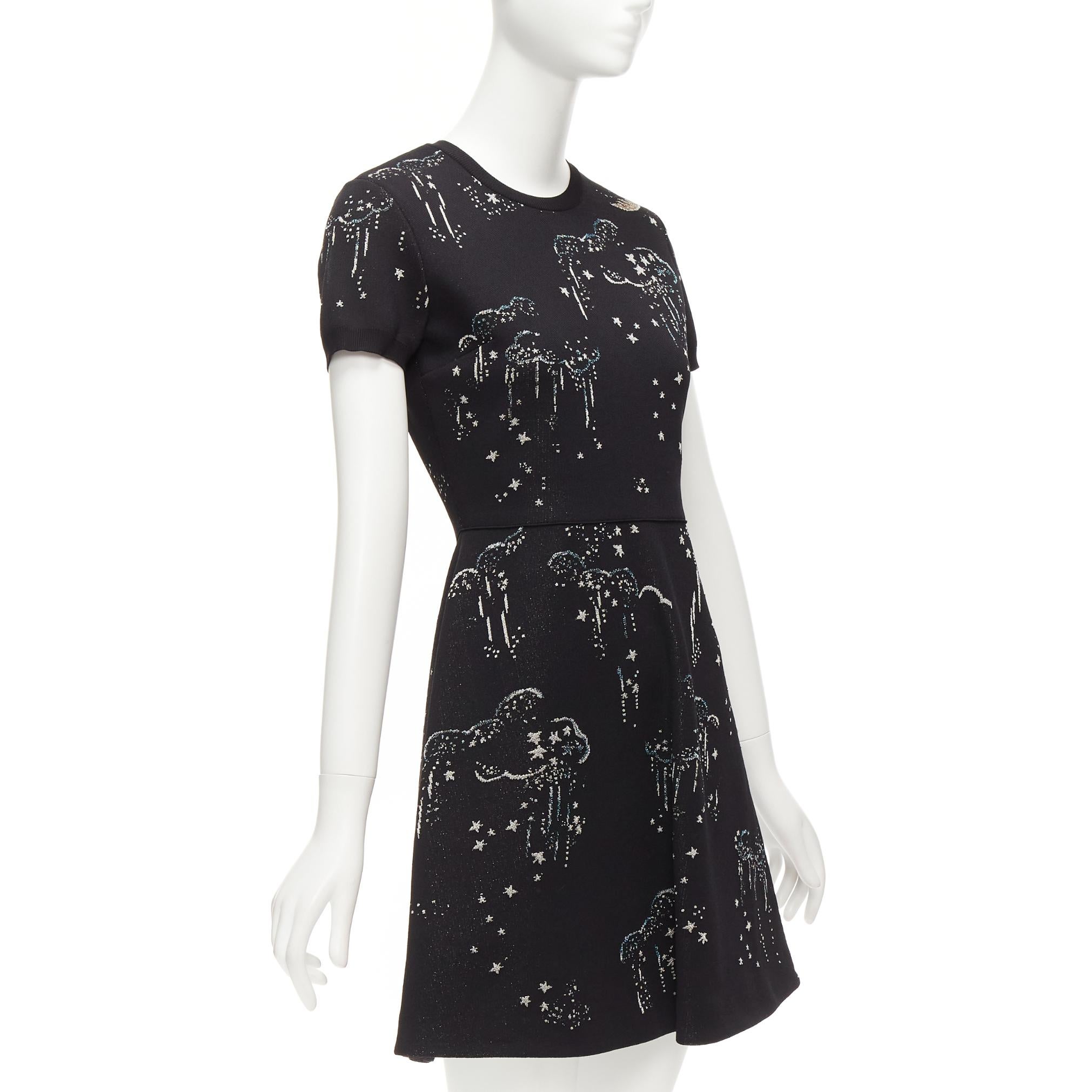 VALENTINO negro glitter nube estrella jacquard manga corta ajustado vestido acampanado S Negro en venta