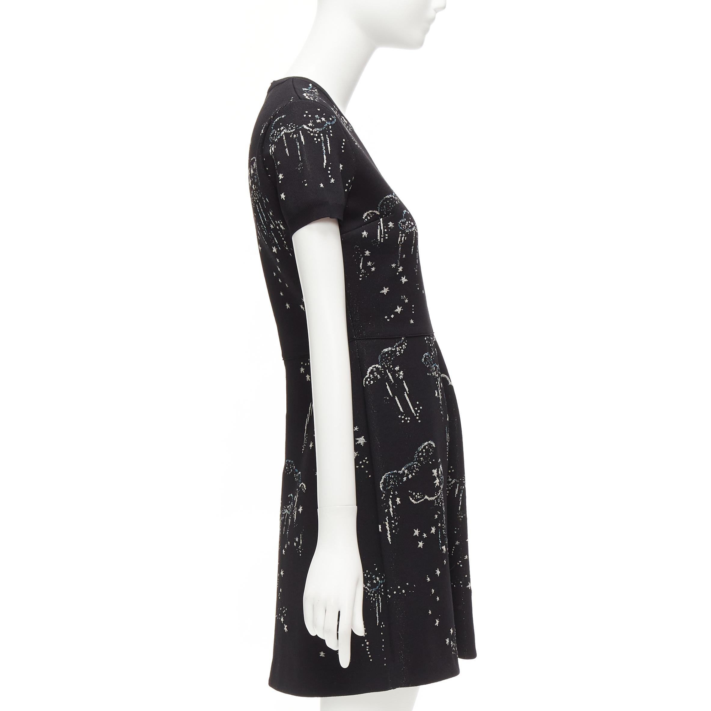 VALENTINO black glitter cloud star jacquard short sleeve fit flare dress S For Sale 1