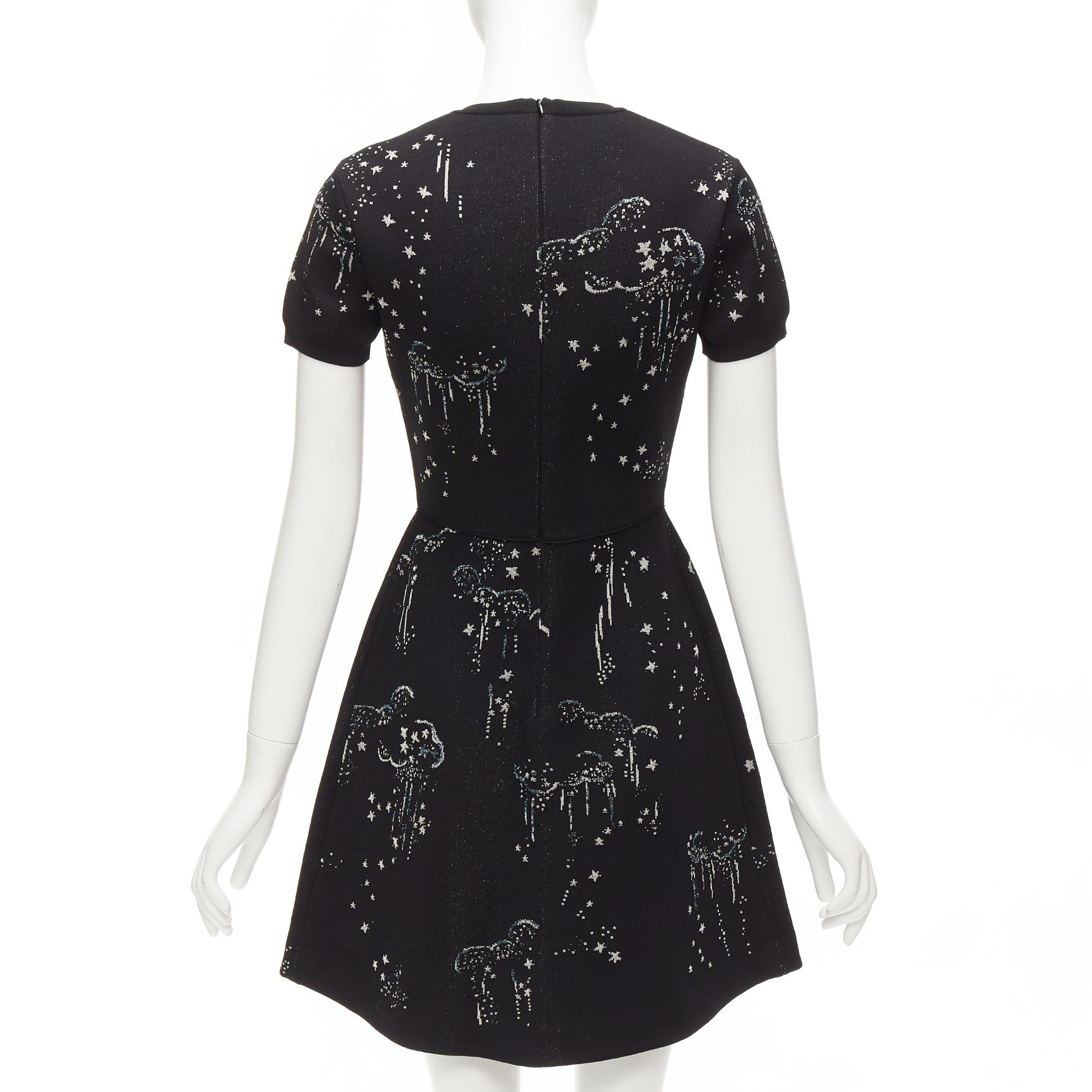 VALENTINO black glitter cloud star jacquard short sleeve fit flare dress S For Sale 2
