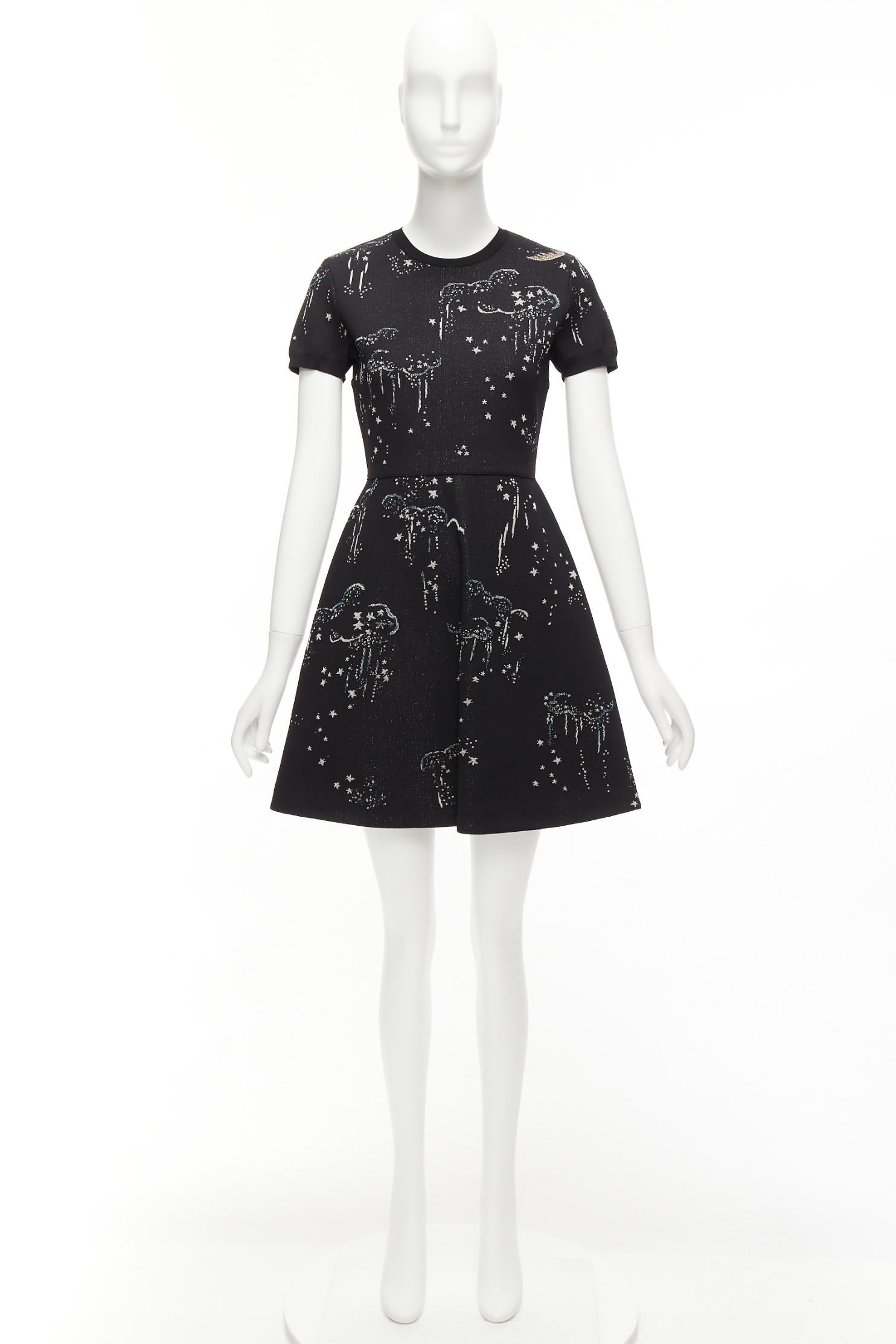 VALENTINO black glitter cloud star jacquard short sleeve fit flare dress S For Sale 6