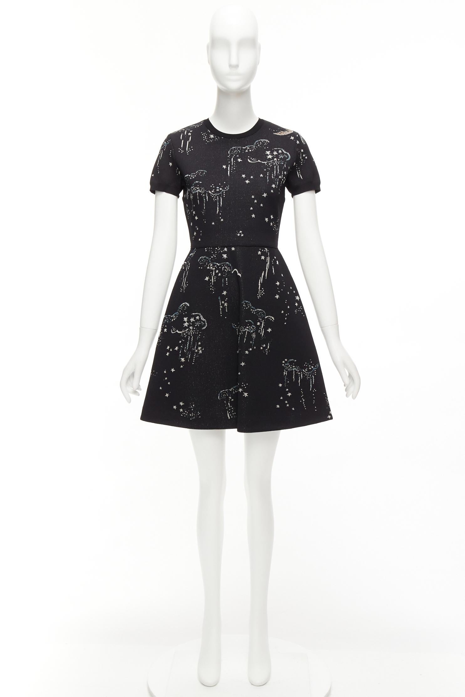 VALENTINO negro glitter nube estrella jacquard manga corta ajustado vestido acampanado S en venta 5