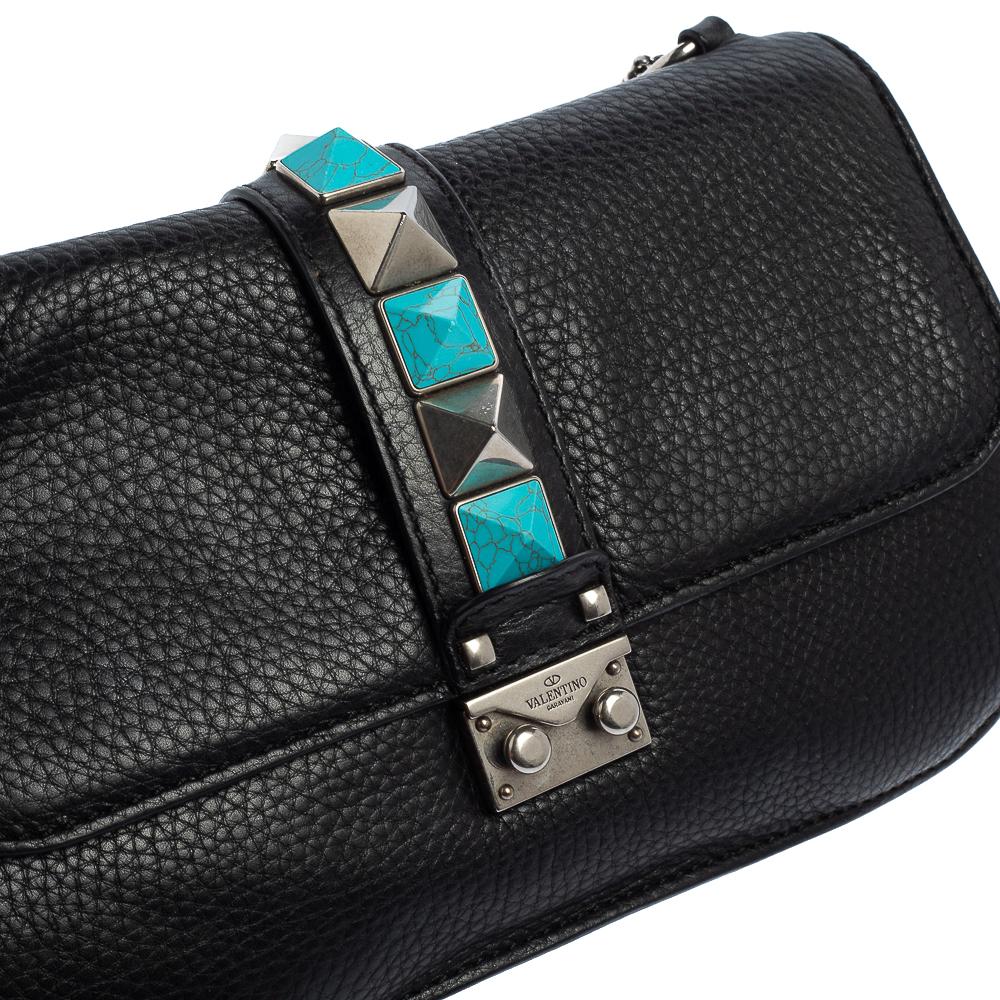 Valentino Black Grained Leather Rockstud Medium Glam Lock Flap Bag 7