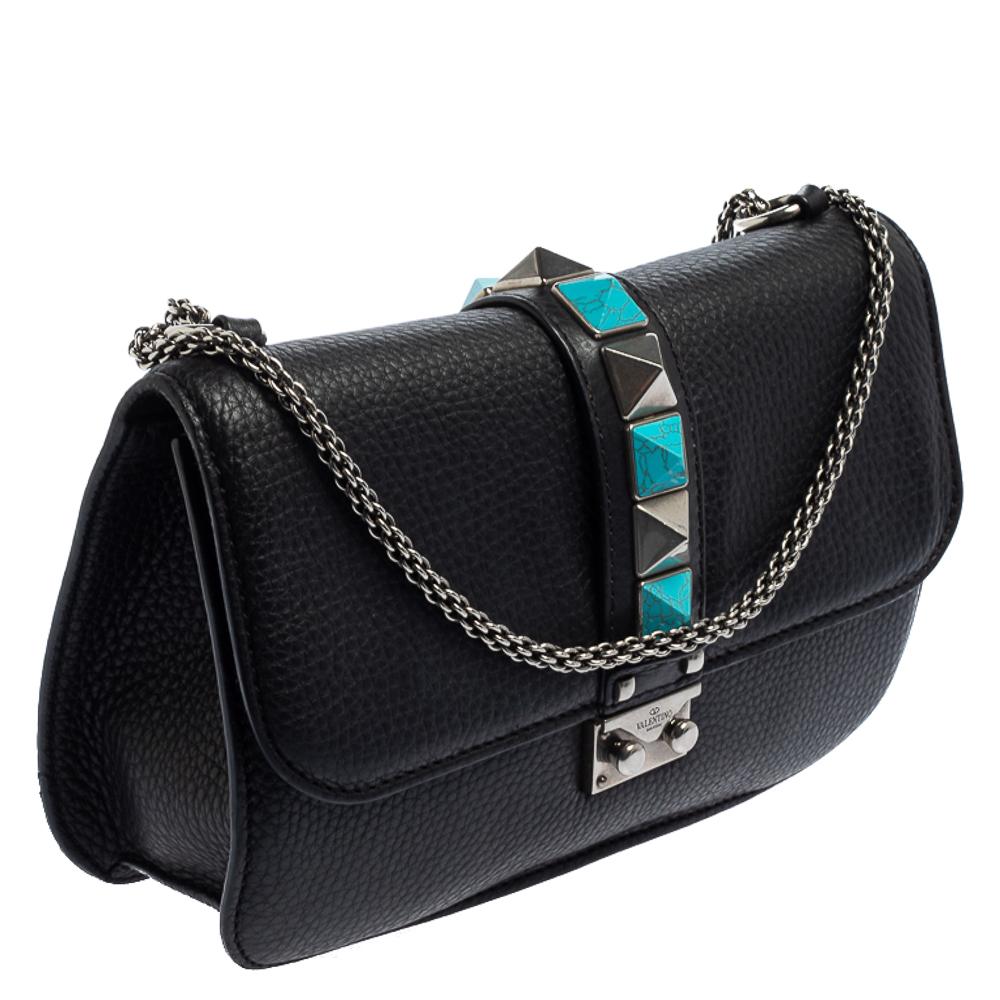 Valentino Black Grained Leather Rockstud Medium Glam Lock Flap Bag In Good Condition In Dubai, Al Qouz 2