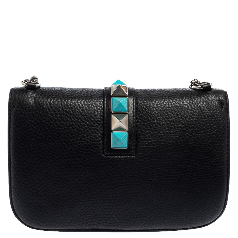 Women's Valentino Black Grained Leather Rockstud Medium Glam Lock Flap Bag