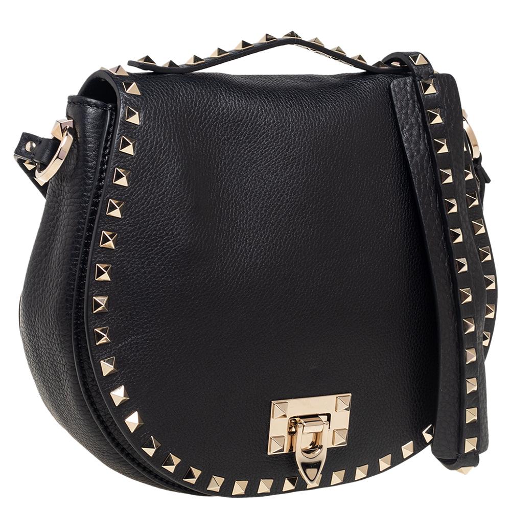Valentino Black Grained Leather Rockstud Saddle Shoulder Bag at