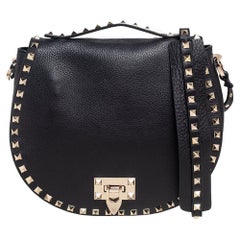 Valentino Black Grained Leather Rockstud Saddle Shoulder Bag