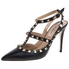 Valentino Black Grainy Leather Rockstud Pointed Toe Ankle Strap Sandals Size 36