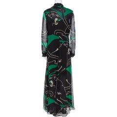 Valentino Black & Green Panther Printed Silk Crepe Tie Collar Detail Maxi Dress
