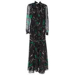 Valentino Black & Green Panther Printed Silk Crepe Tie Collar Detail Maxi Dress