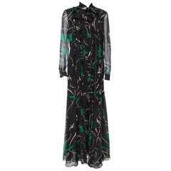 Valentino Black & Green Panther Printed Silk Crepe Tie Collar Detail Maxi Dress 