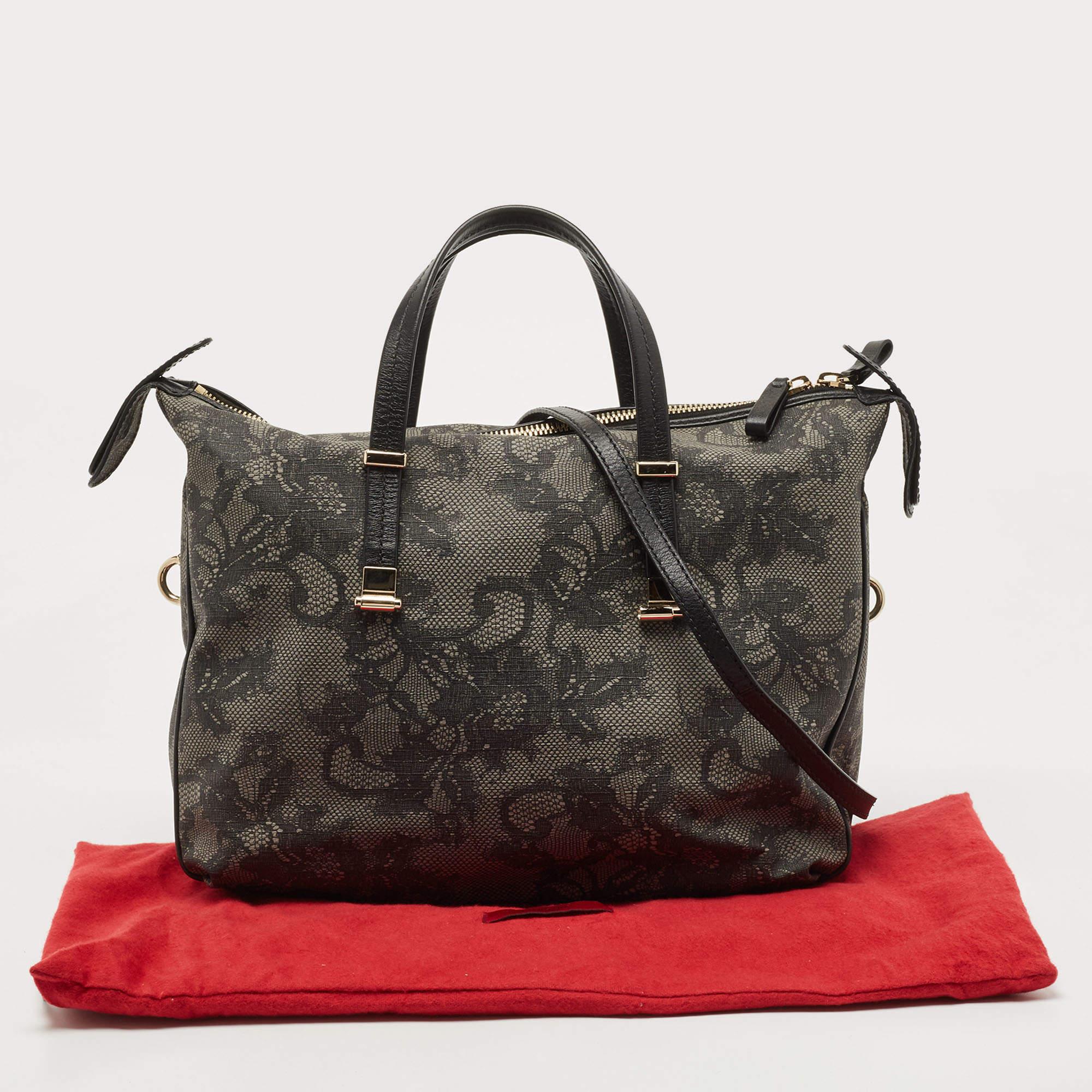 Valentino Black/Grey Lace Print Coated Canvas and Leather Logo Satchel 8
