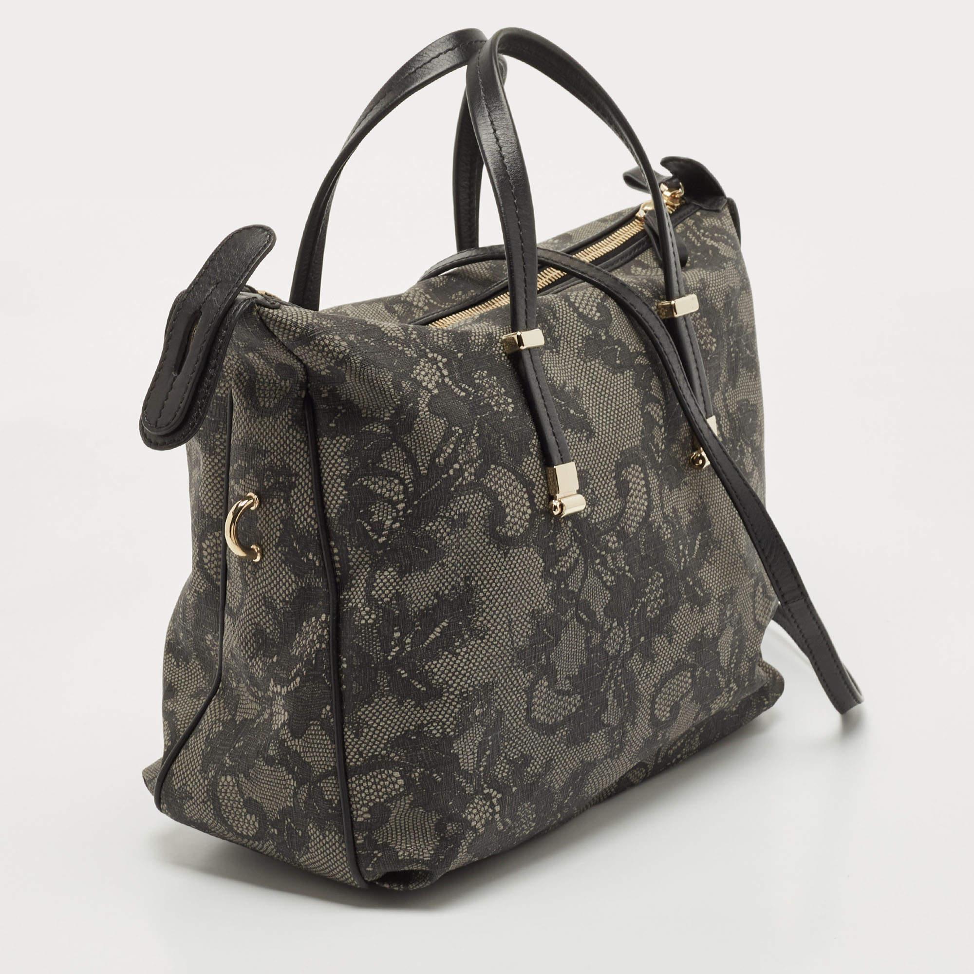 Women's Valentino Black/Grey Lace Print Coated Canvas and Leather Logo Satchel