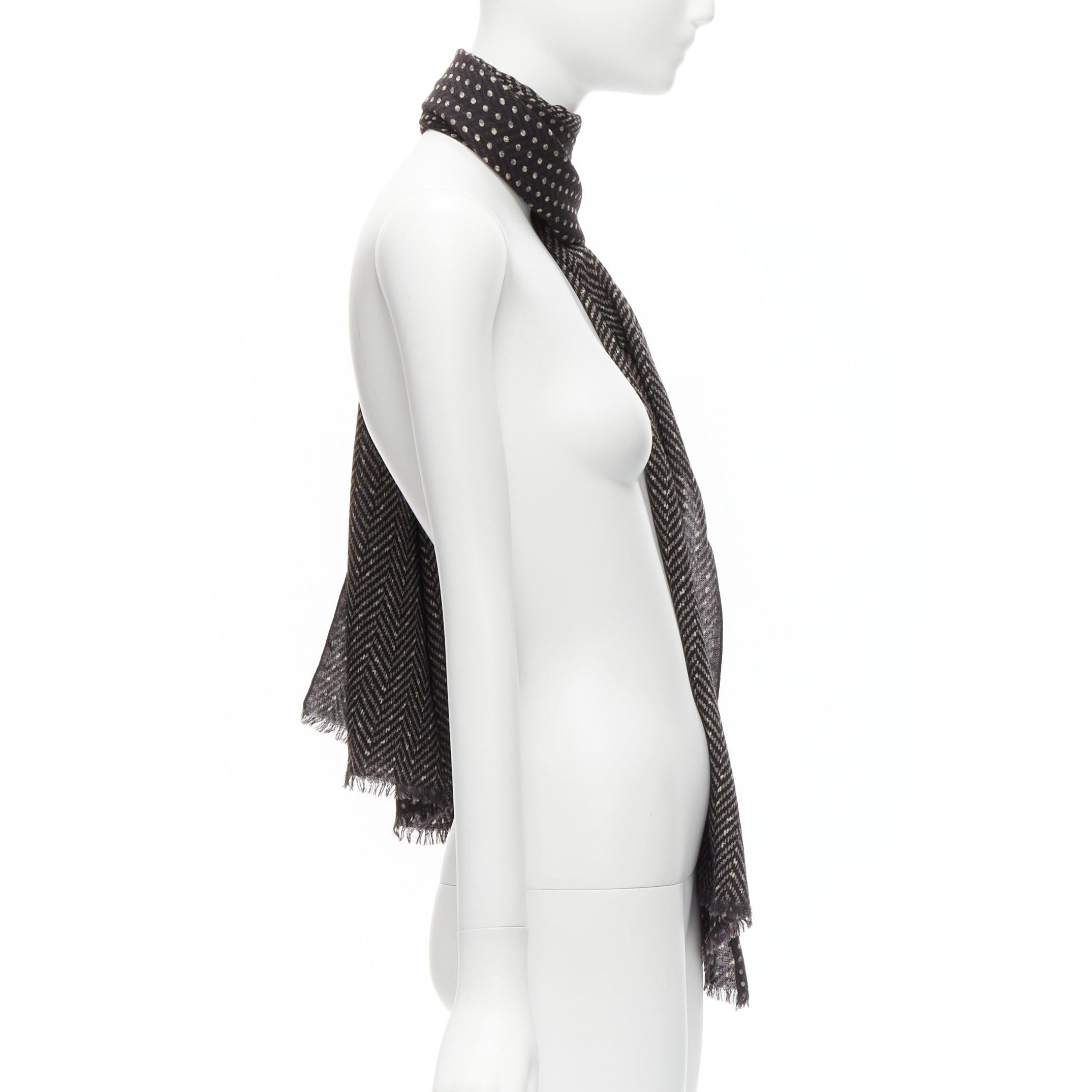 Black VALENTINO black grey wool silk polka dot chevron double side fringe scarf