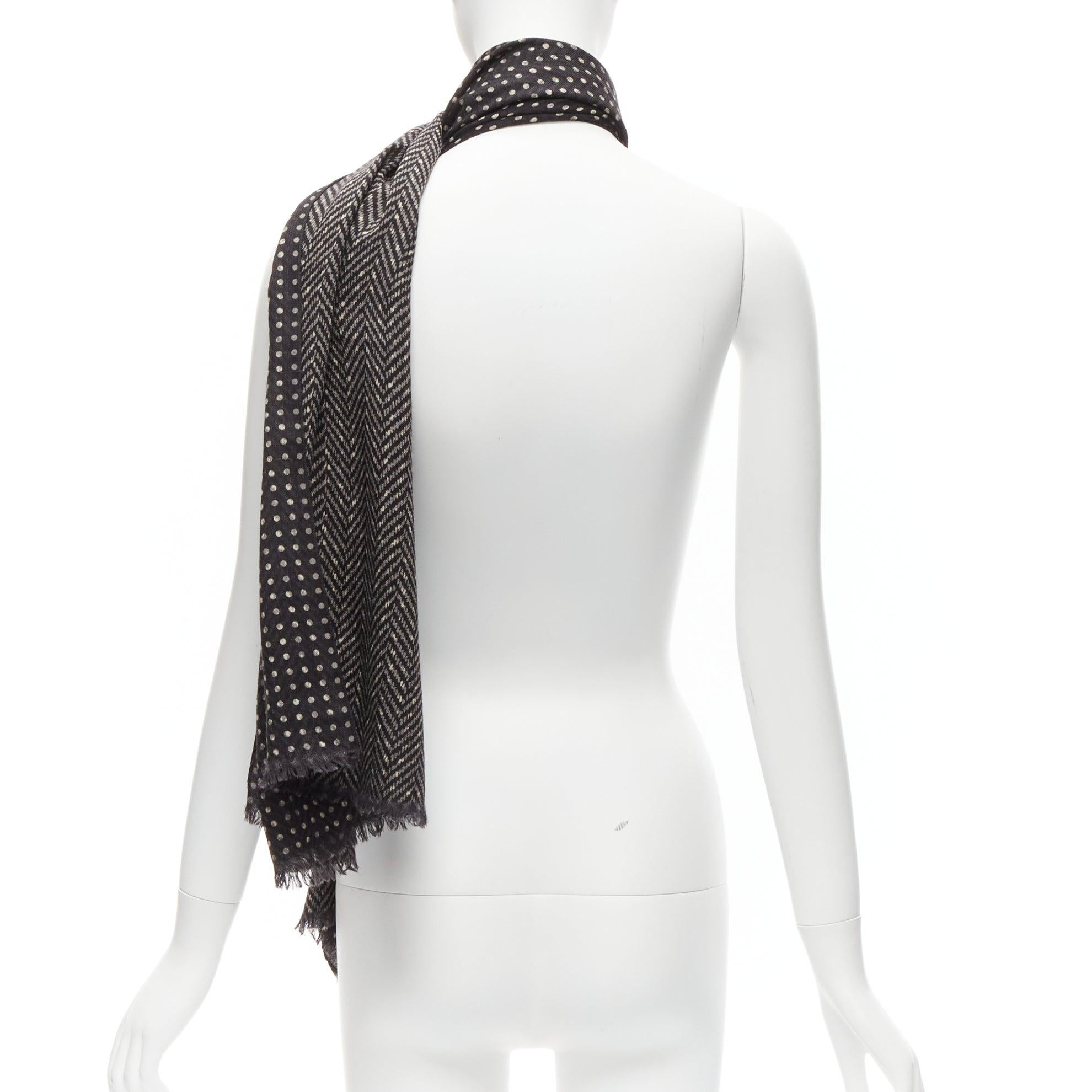 Women's VALENTINO black grey wool silk polka dot chevron double side fringe scarf
