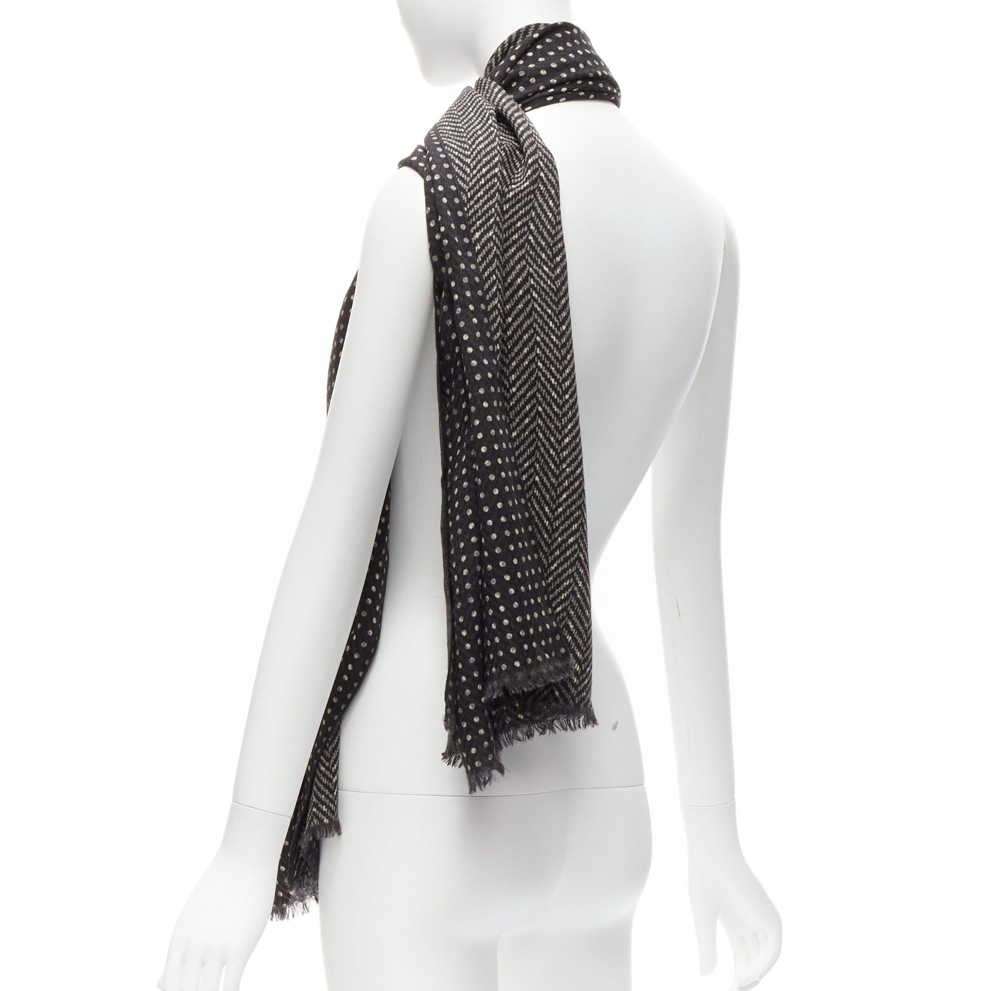 VALENTINO black grey wool silk polka dot chevron double side fringe scarf 1