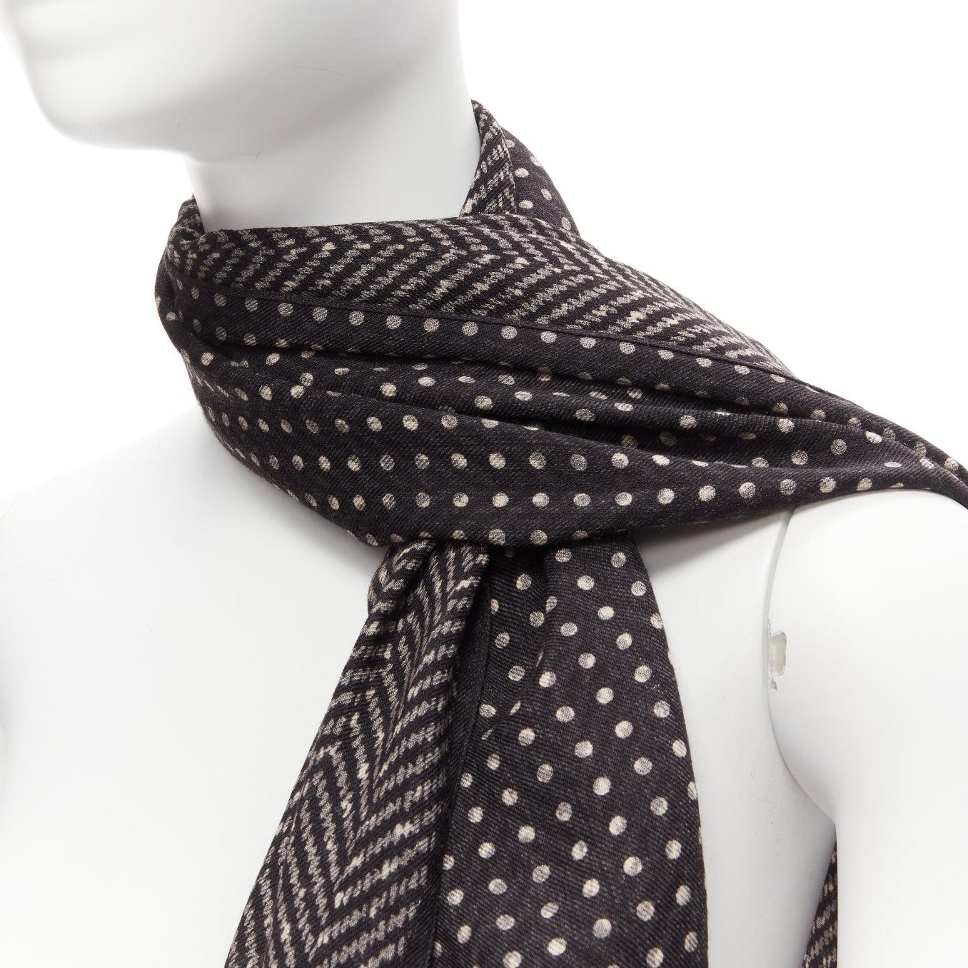 VALENTINO black grey wool silk polka dot chevron double side fringe scarf 2