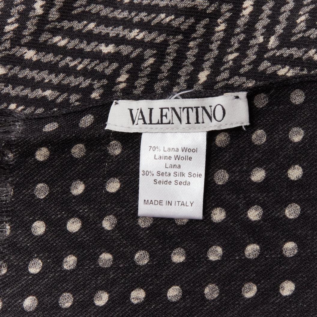 VALENTINO black grey wool silk polka dot chevron double side fringe scarf 3