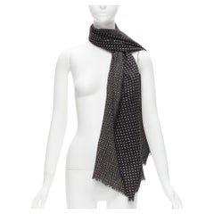 VALENTINO black grey wool silk polka dot chevron double side fringe scarf