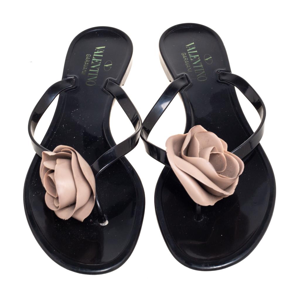 Women's Valentino Black Jelly Couture Rose Thong Flat Sandals Size 40